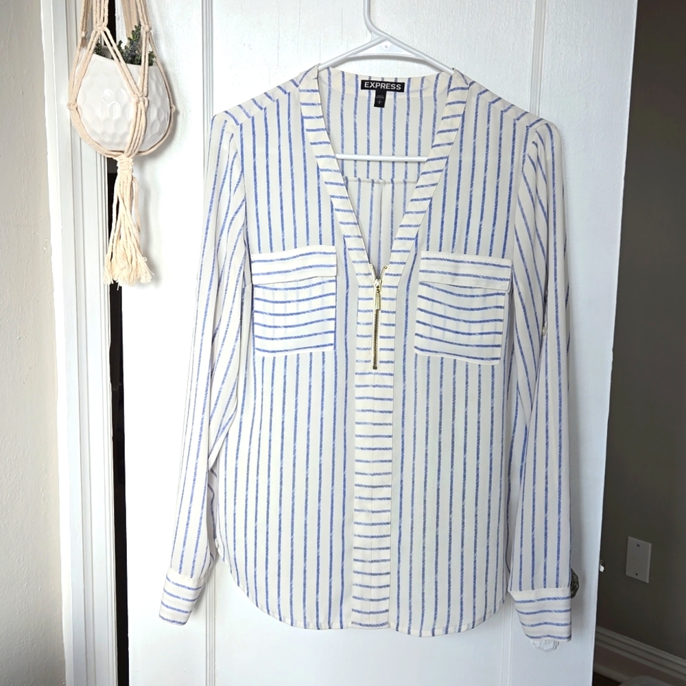 Express Portofino Blue Striped Blouse, Small